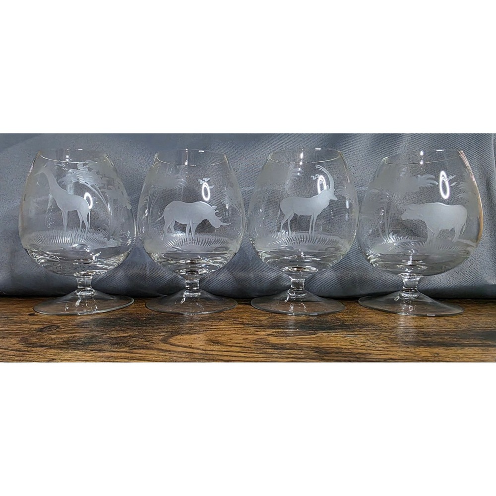 Vintage Queen Lace Crystal Kenyan Wildlife Bohemian Brandy Snifters Set of 4